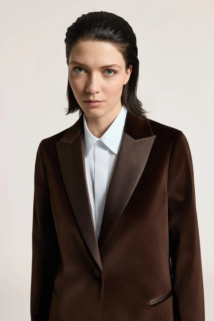 Cotton Velvet Blazer with Satin Lapels - Dark Brown
