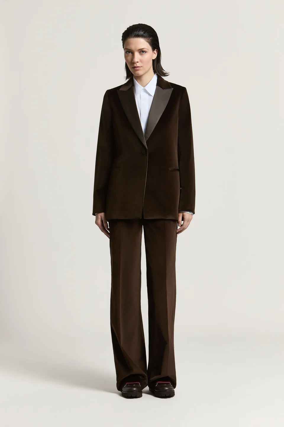 Cotton Velvet Blazer with Satin Lapels - Dark Brown