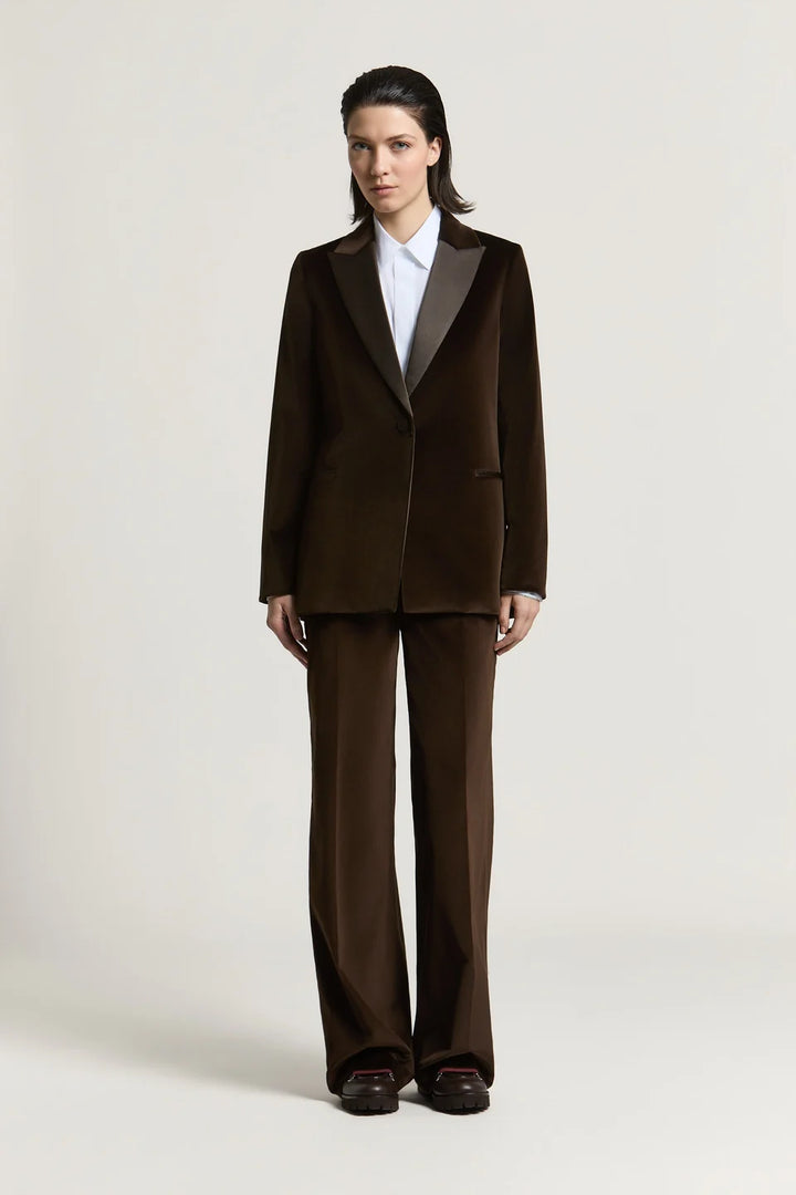 Cotton Velvet Blazer with Satin Lapels - Dark Brown
