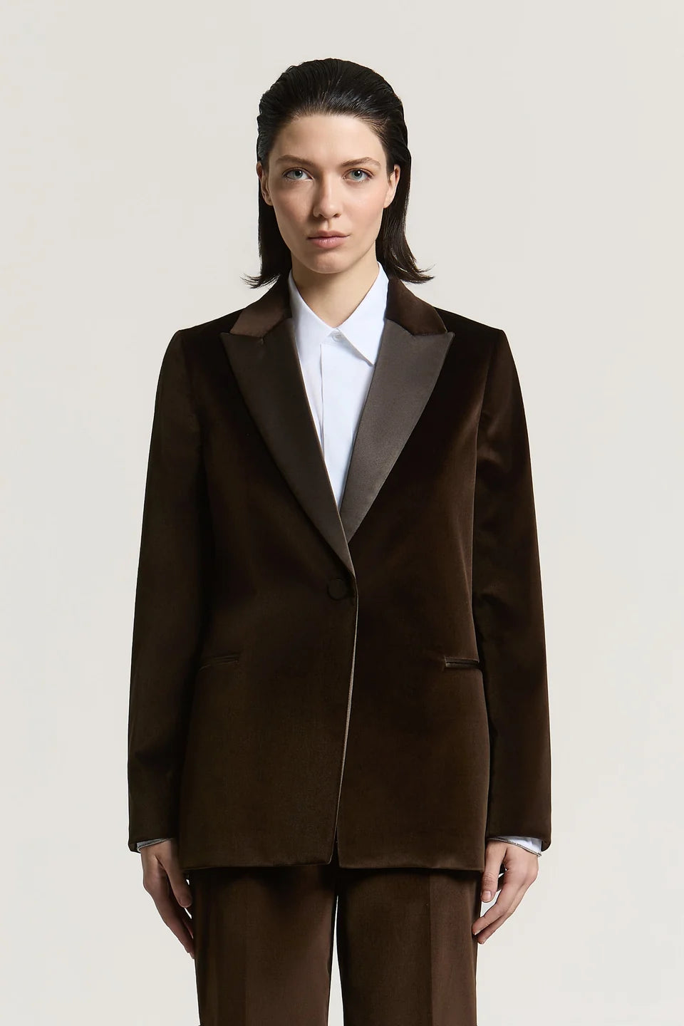 Cotton Velvet Blazer with Satin Lapels - Dark Brown