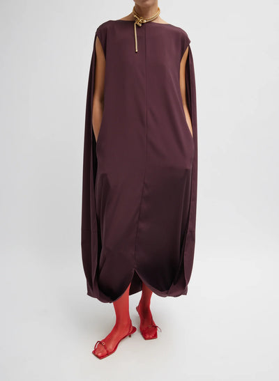 Stretch Silk Nylon Wide Neck Cape Dress - Malbec