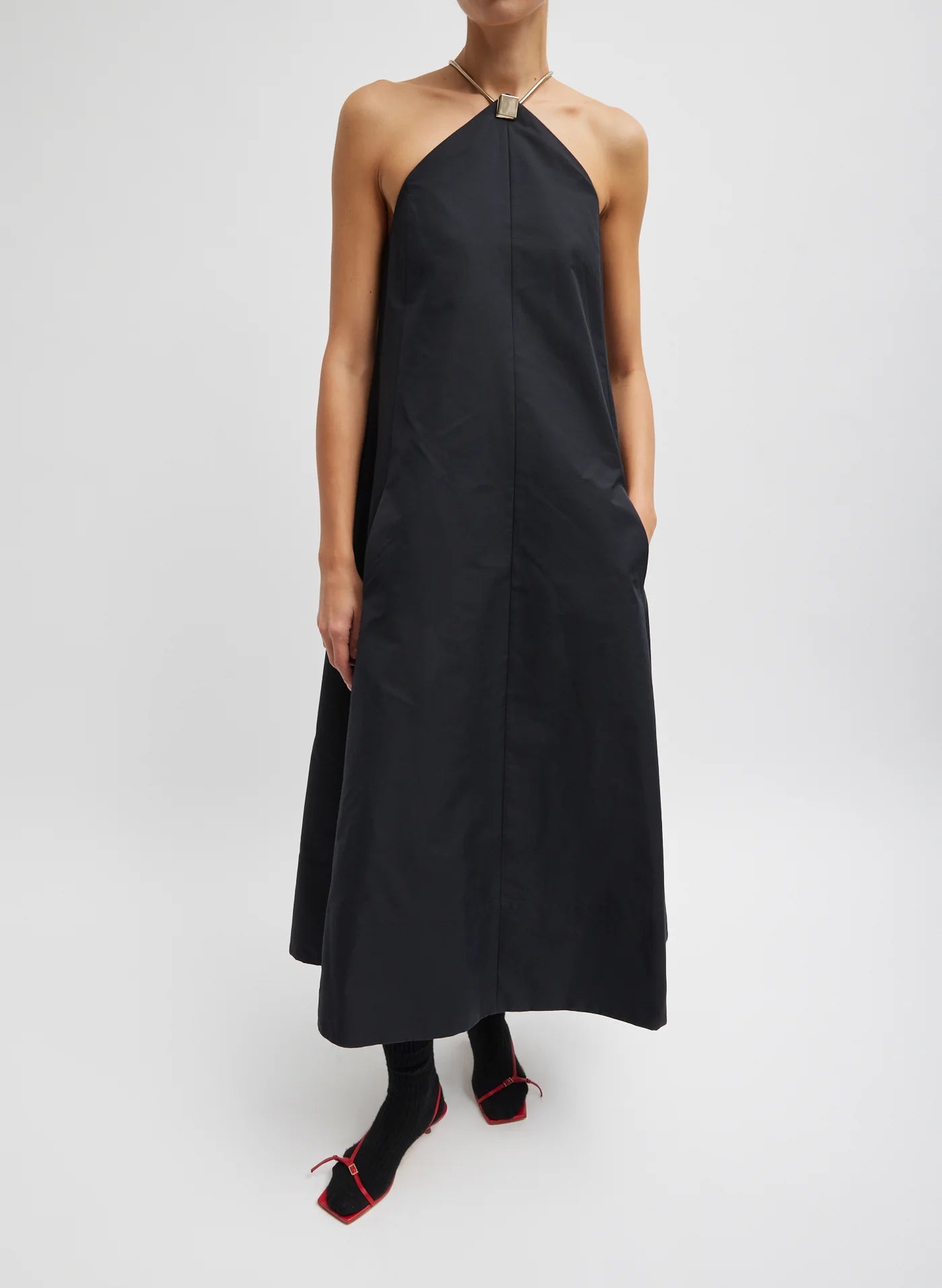 Tech Twill Lavalliere Halter Dress - Black