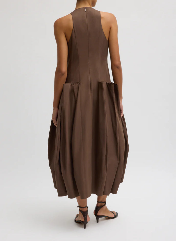Poplin Pinched Pleat Dress - Brown