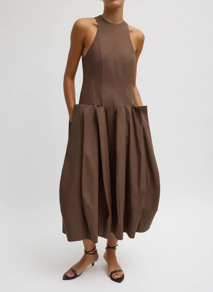 Poplin Pinched Pleat Dress - Brown