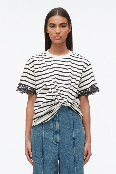 Draped Tee with Lace Embroidery - White Multi Stripe