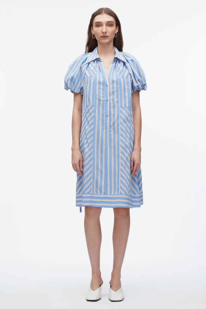 Puff Sleeve Short Shirt Dress - Oxford Blue Multi