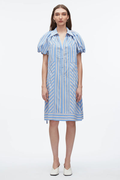 Puff Sleeve Short Shirt Dress - Oxford Blue Multi