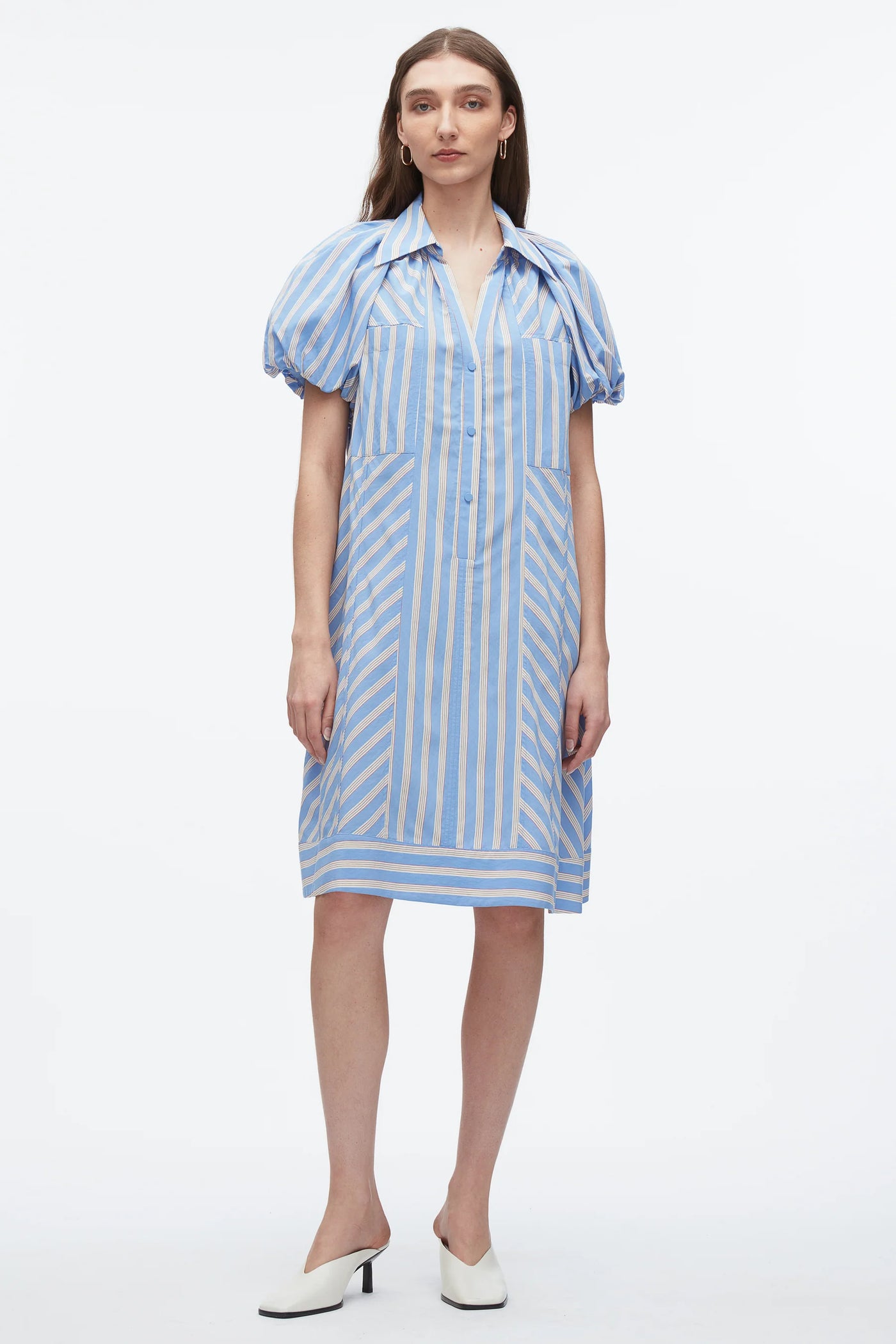 Puff Sleeve Short Shirt Dress - Oxford Blue Multi