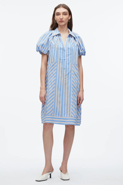 Puff Sleeve Short Shirt Dress - Oxford Blue Multi