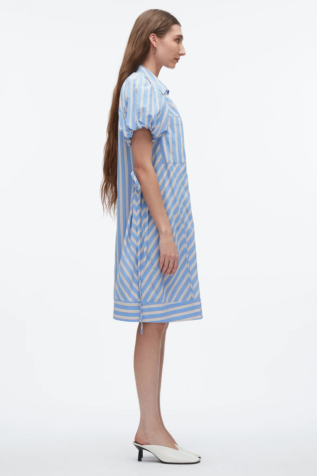 Puff Sleeve Short Shirt Dress - Oxford Blue Multi