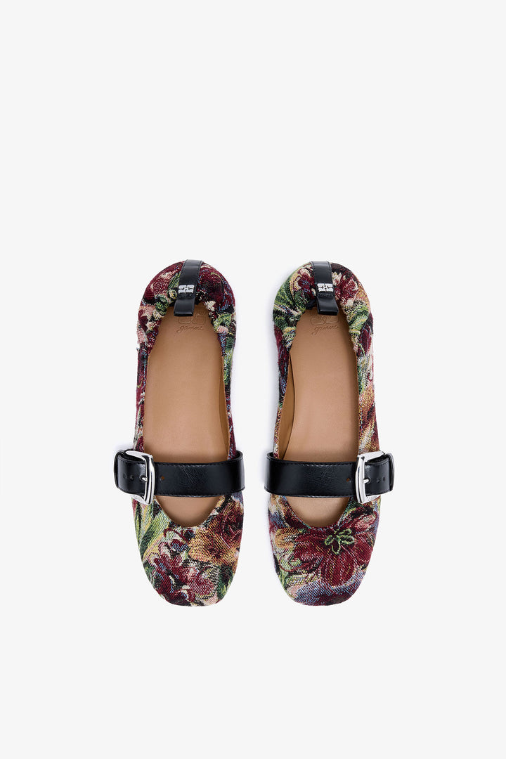 Buckle Strap Ballerinas in Tapestry - Tawny Port