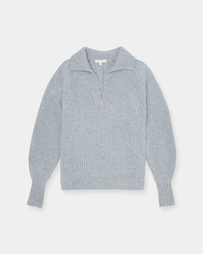 Blaire Johnny-Collar Shaker Sweater - Heather Grey Cashmere