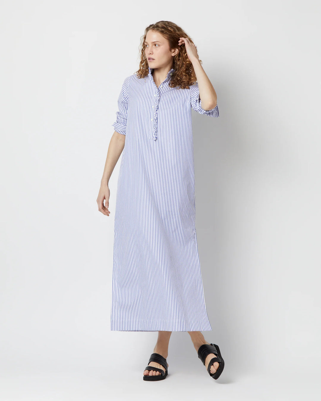 Frill Talitha Shirtdress - Blue/White Stripe Pinpoint
