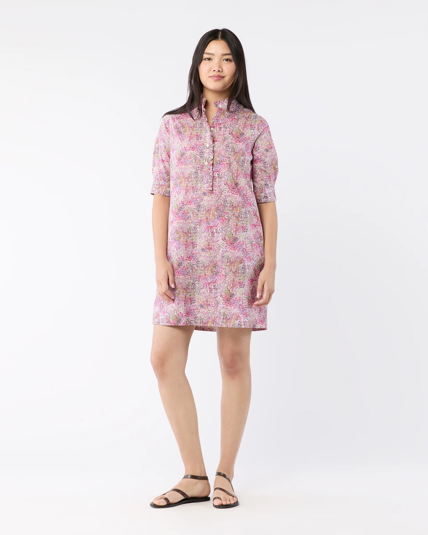 Elbow-Sleeve Frill Dress - Orchid Fields Of Eden Liberty Fabric