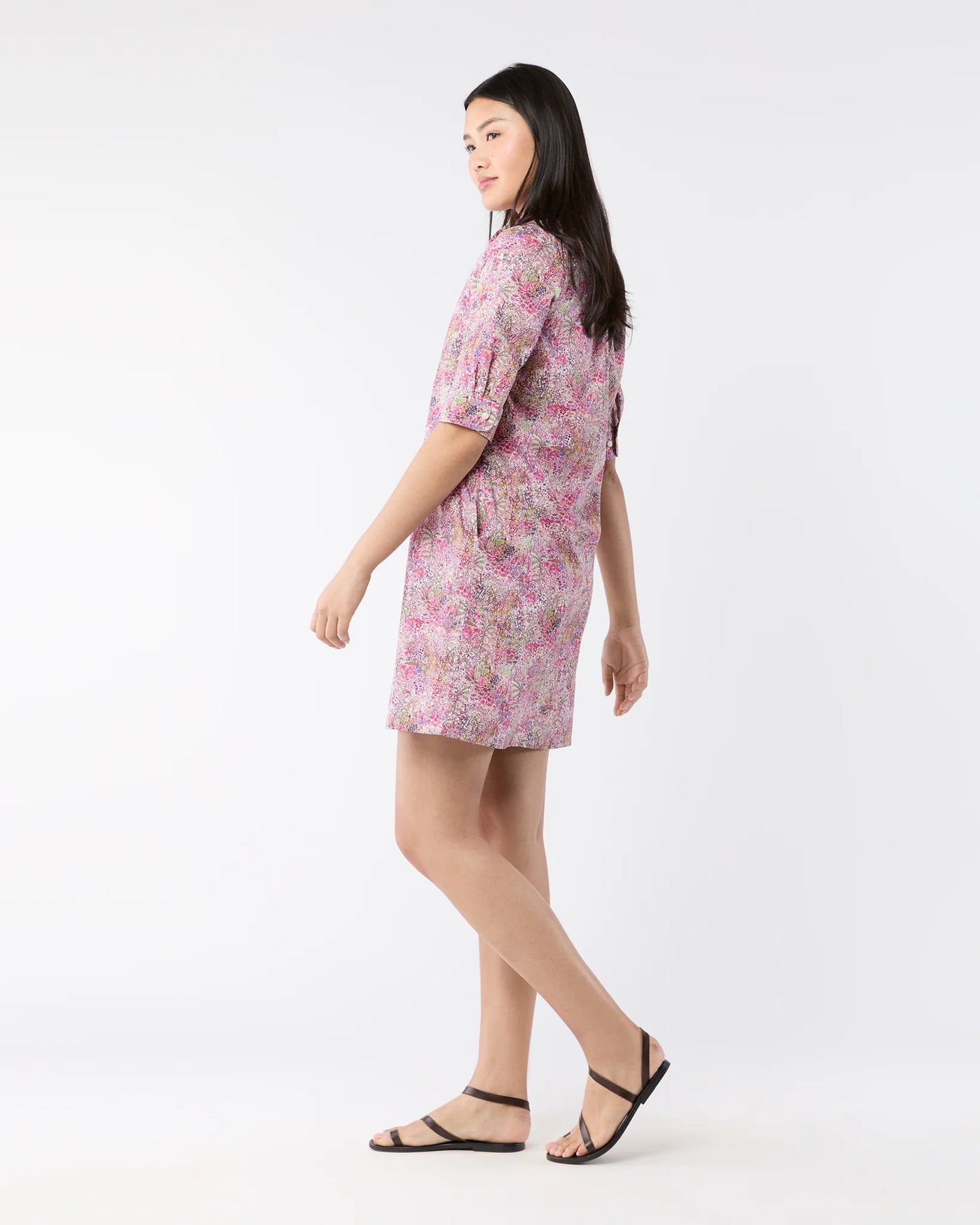 Elbow-Sleeve Frill Dress - Orchid Fields Of Eden Liberty Fabric