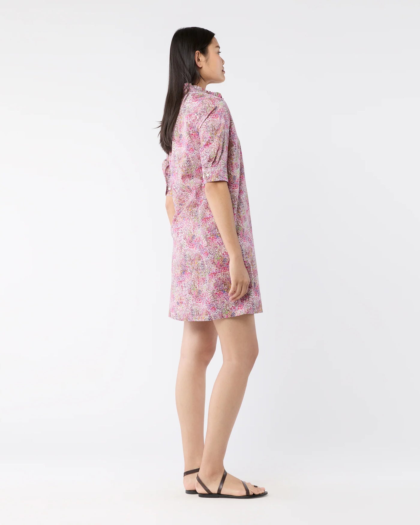 Elbow-Sleeve Frill Dress - Orchid Fields Of Eden Liberty Fabric