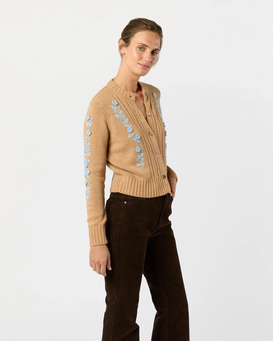 ELLEN CARDIGAN - Camel/Misty Blue Wool/Cotton