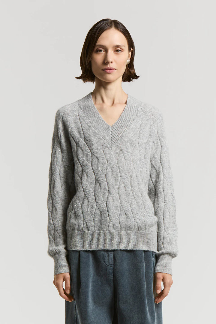 Alpaca V-neck sweater with sequins - Stone Grey