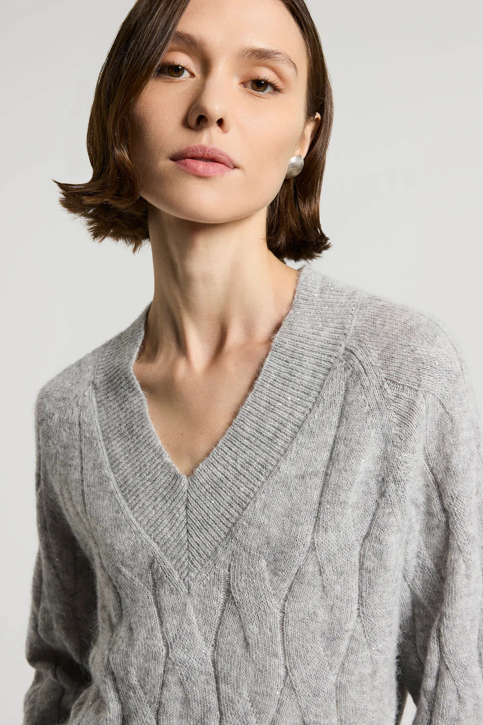 Alpaca V-neck sweater with sequins - Stone Grey