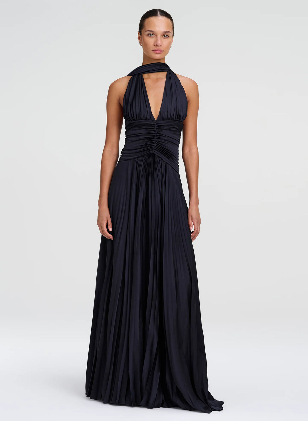 Sabine Scarf Tie Satin Pleated Gown - Midnight