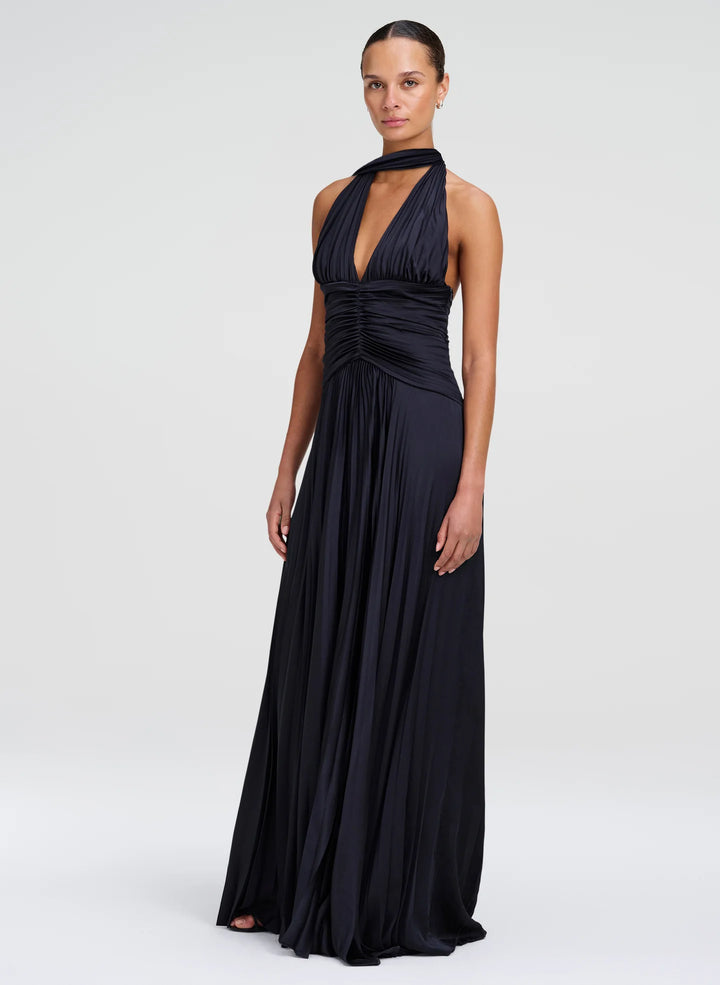 Sabine Scarf Tie Satin Pleated Gown - Midnight