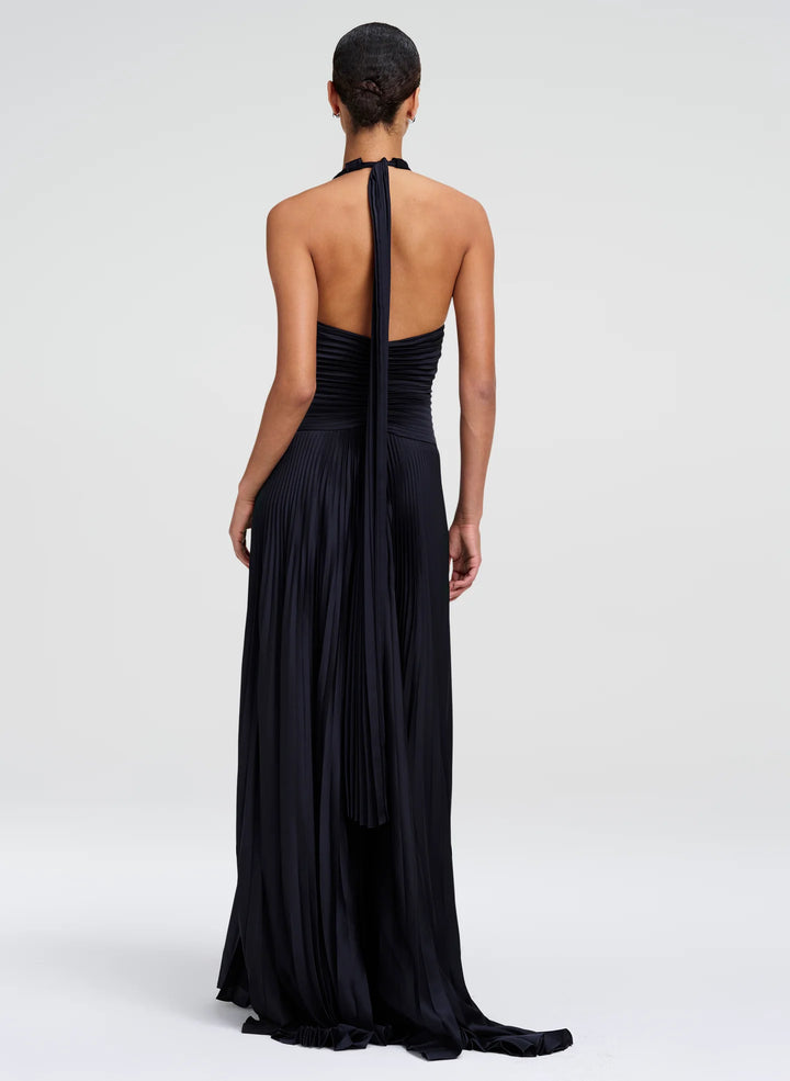 Sabine Scarf Tie Satin Pleated Gown - Midnight