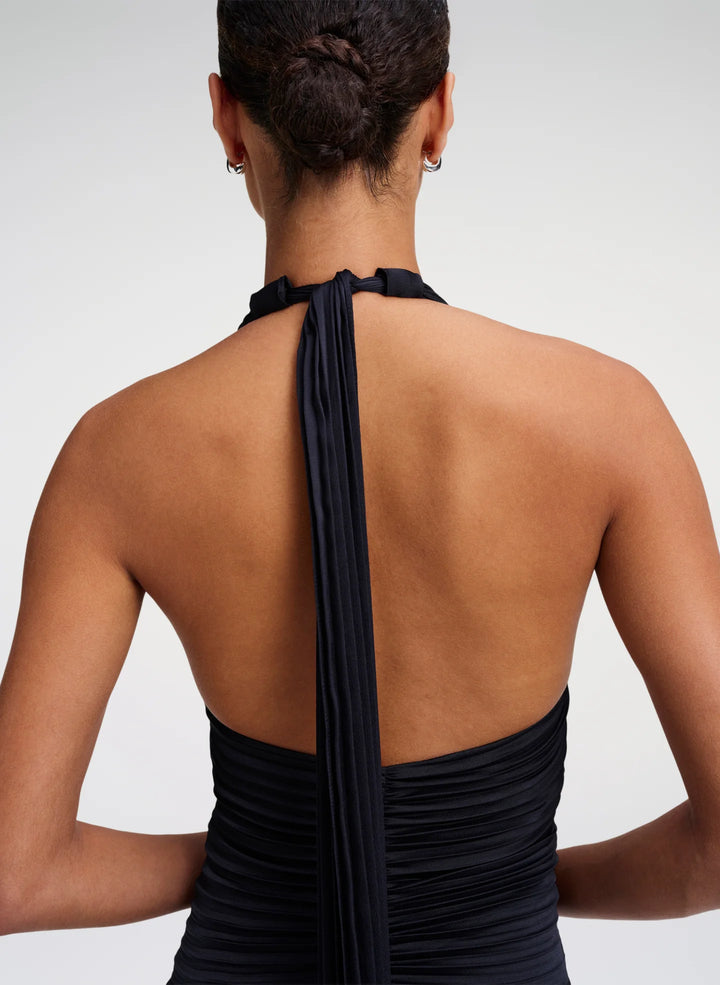 Sabine Scarf Tie Satin Pleated Gown - Midnight