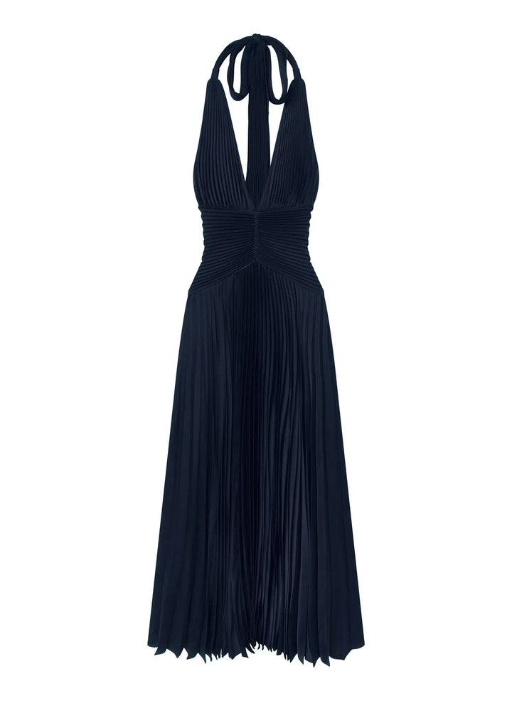 Sabine Scarf Tie Satin Pleated Gown - Midnight