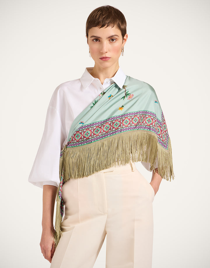 Reversible Fringe Foulard 90 - Zooflora Placée Light Blue in Silk Twill