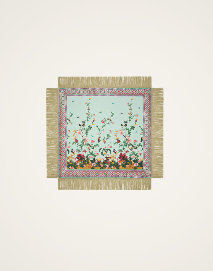 Reversible Fringe Foulard 90 - Zooflora Placée Light Blue in Silk Twill