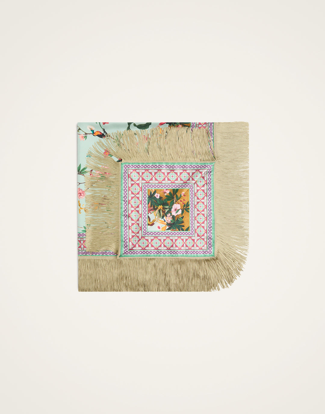 Reversible Fringe Foulard 90 - Zooflora Placée Light Blue in Silk Twill