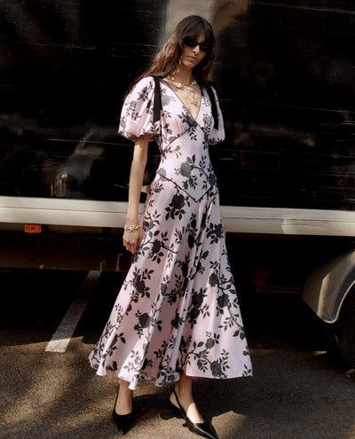 SATIN FLORAL MIDI DRESS - Pink