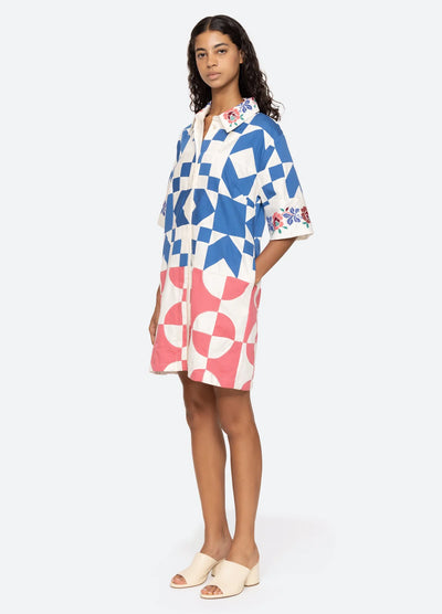 Tanya S/S Patchwork Dress - Pink/Blue Multi