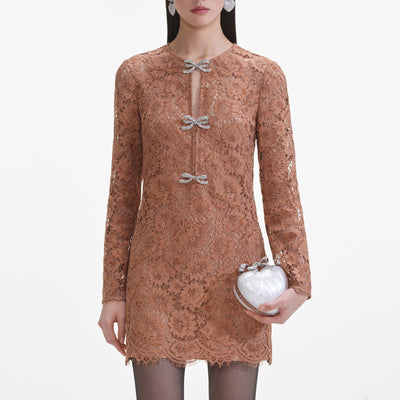 LACE BOW MINI DRESS - Tan