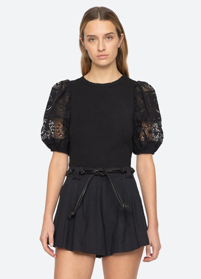 DAHLIA EYELET COMBO TEE - Black