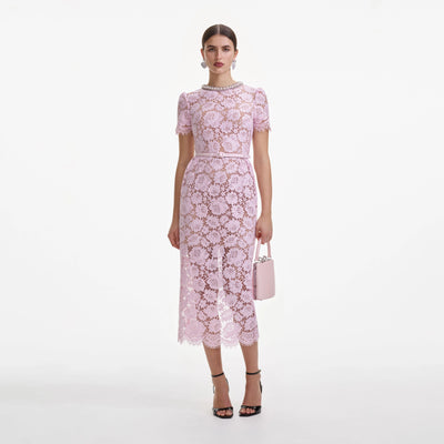FINE LACE PEARL MIDI DRESS - Pink