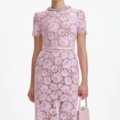 FINE LACE PEARL MIDI DRESS - Pink