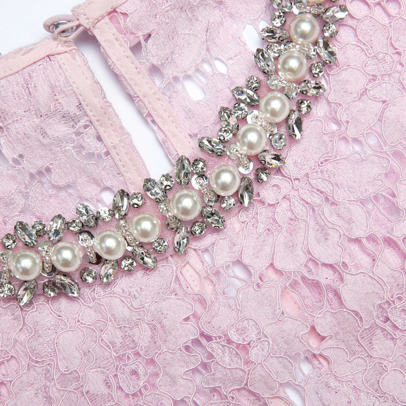 FINE LACE PEARL MIDI DRESS - Pink