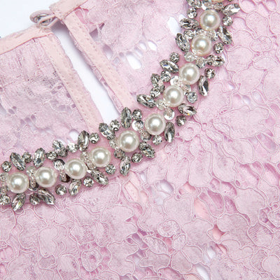 FINE LACE PEARL MIDI DRESS - Pink