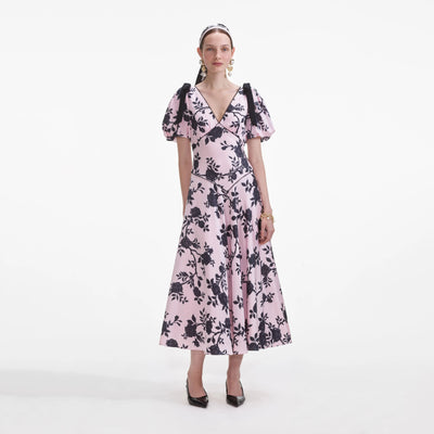 SATIN FLORAL MIDI DRESS - Pink