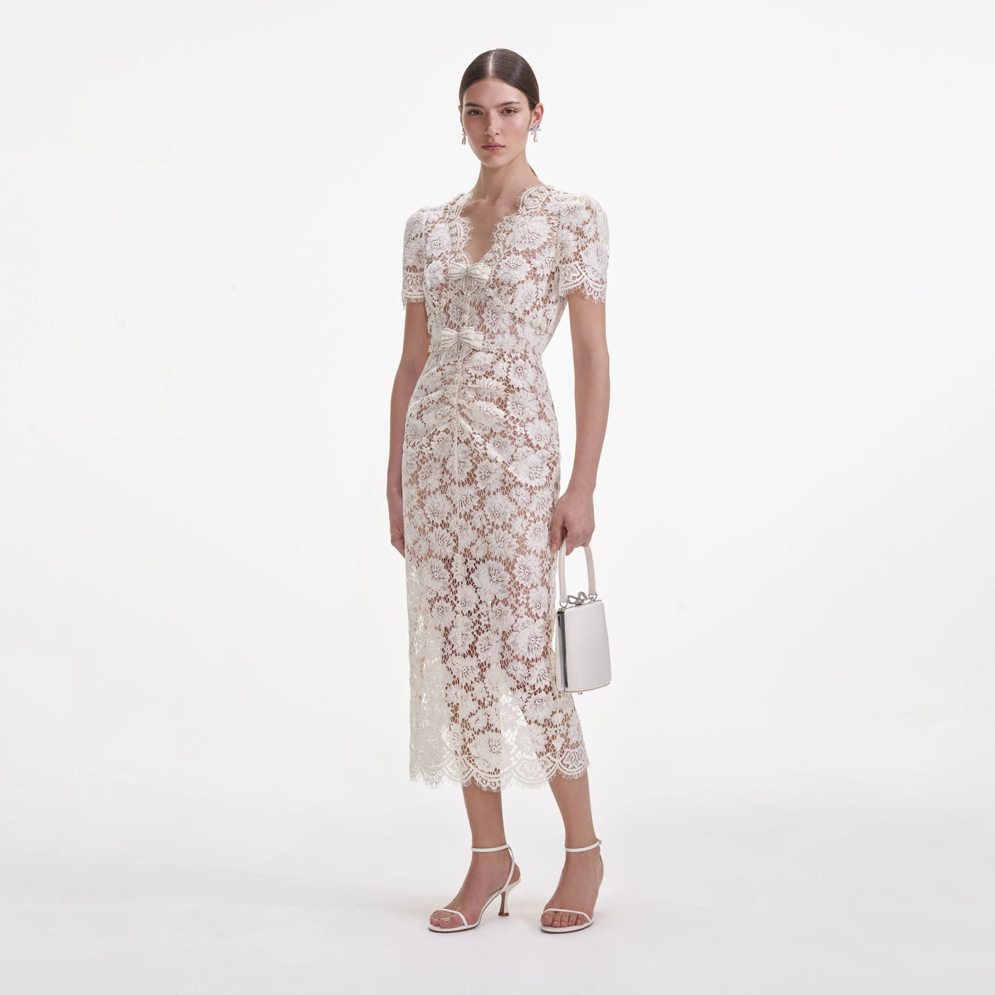 FINE LACE PEARL MIDI DRESS - Cream