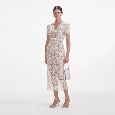 FINE LACE PEARL MIDI DRESS - Cream