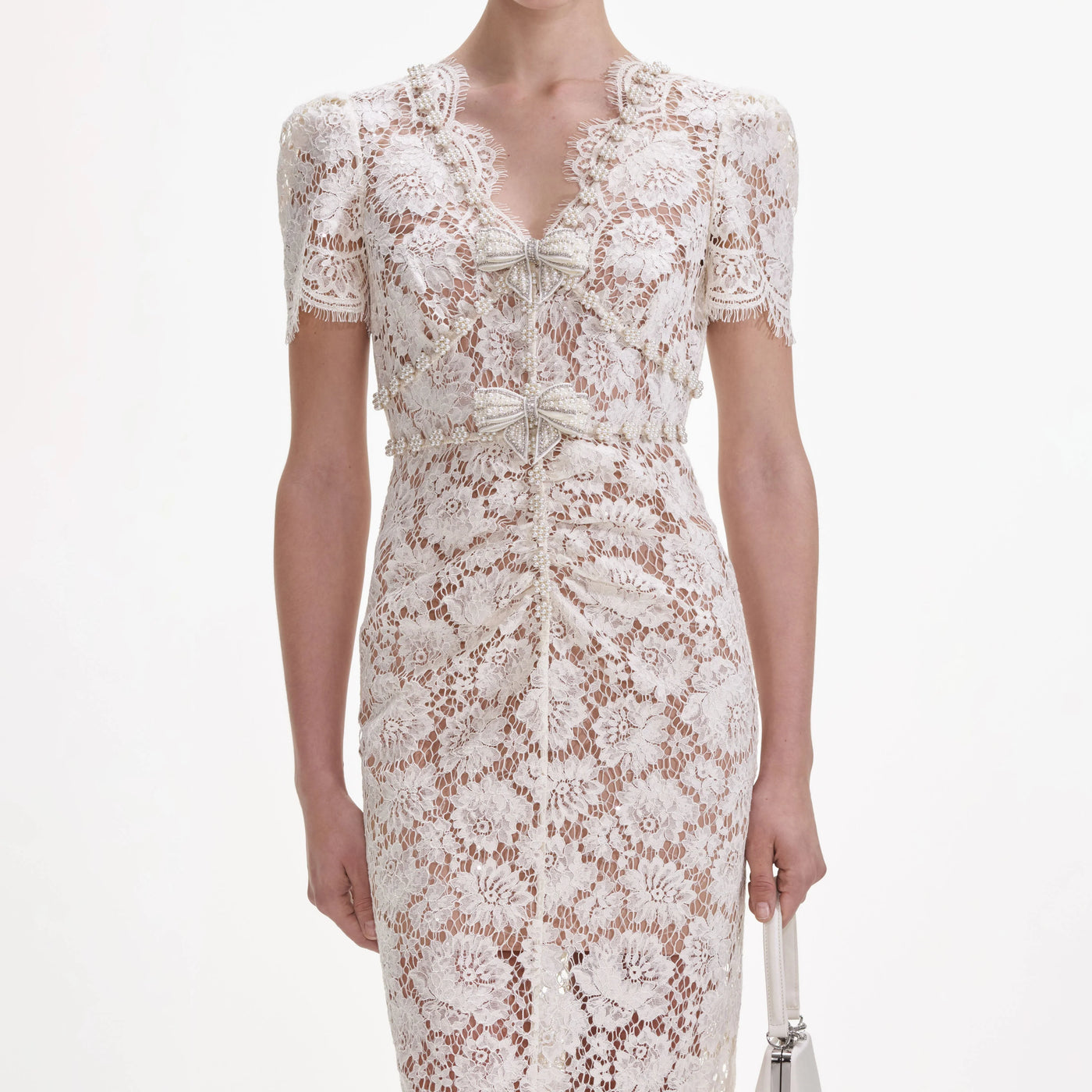 FINE LACE PEARL MIDI DRESS - Cream