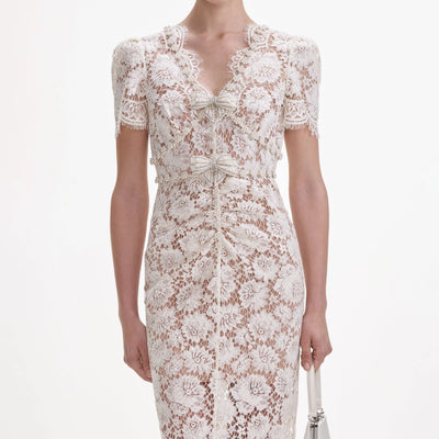FINE LACE PEARL MIDI DRESS - Cream