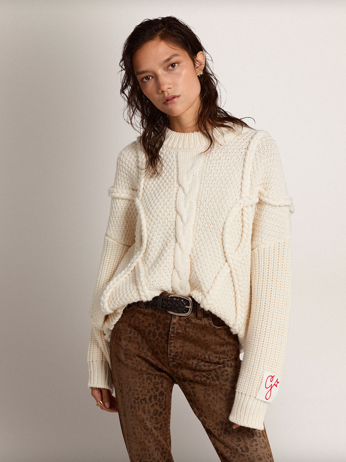Oversized Braided Motif Sweater - Natural White
