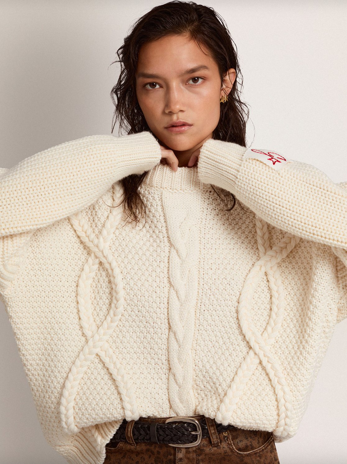 Oversized Braided Motif Sweater - Natural White