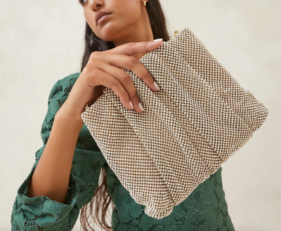 Ember Diamanté Gathered Clutch - Gold
