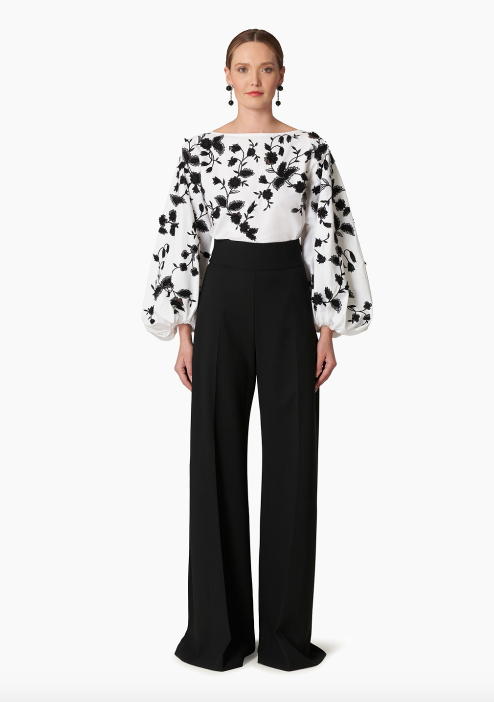 Embroidered Puff Sleeve Blouse - White/Black