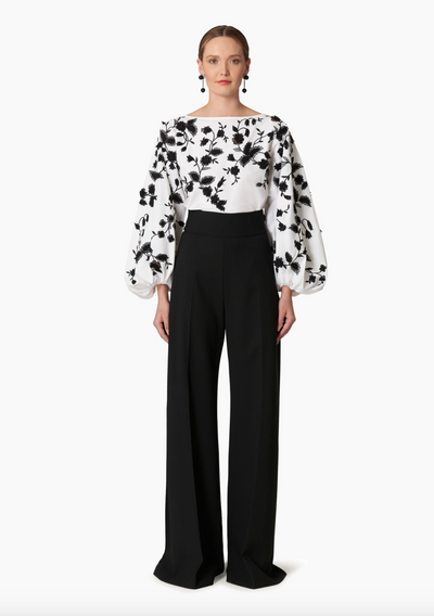 Embroidered Puff Sleeve Blouse - White/Black