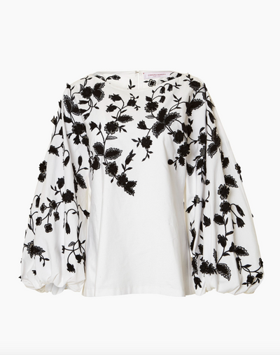 Embroidered Puff Sleeve Blouse - White/Black